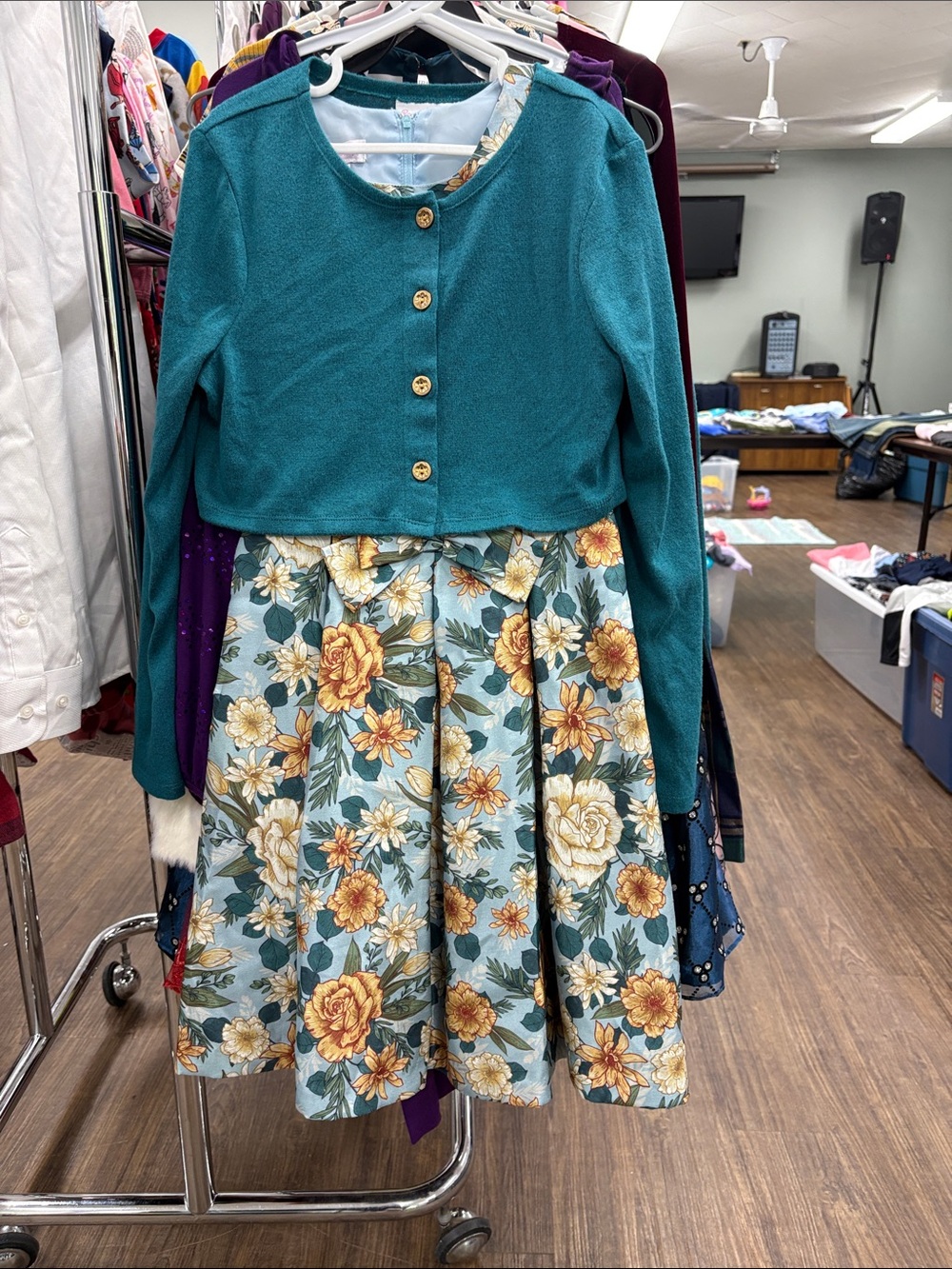 Bonnie Jean Teal Cardigan with Floral Yellow & Cream Dress